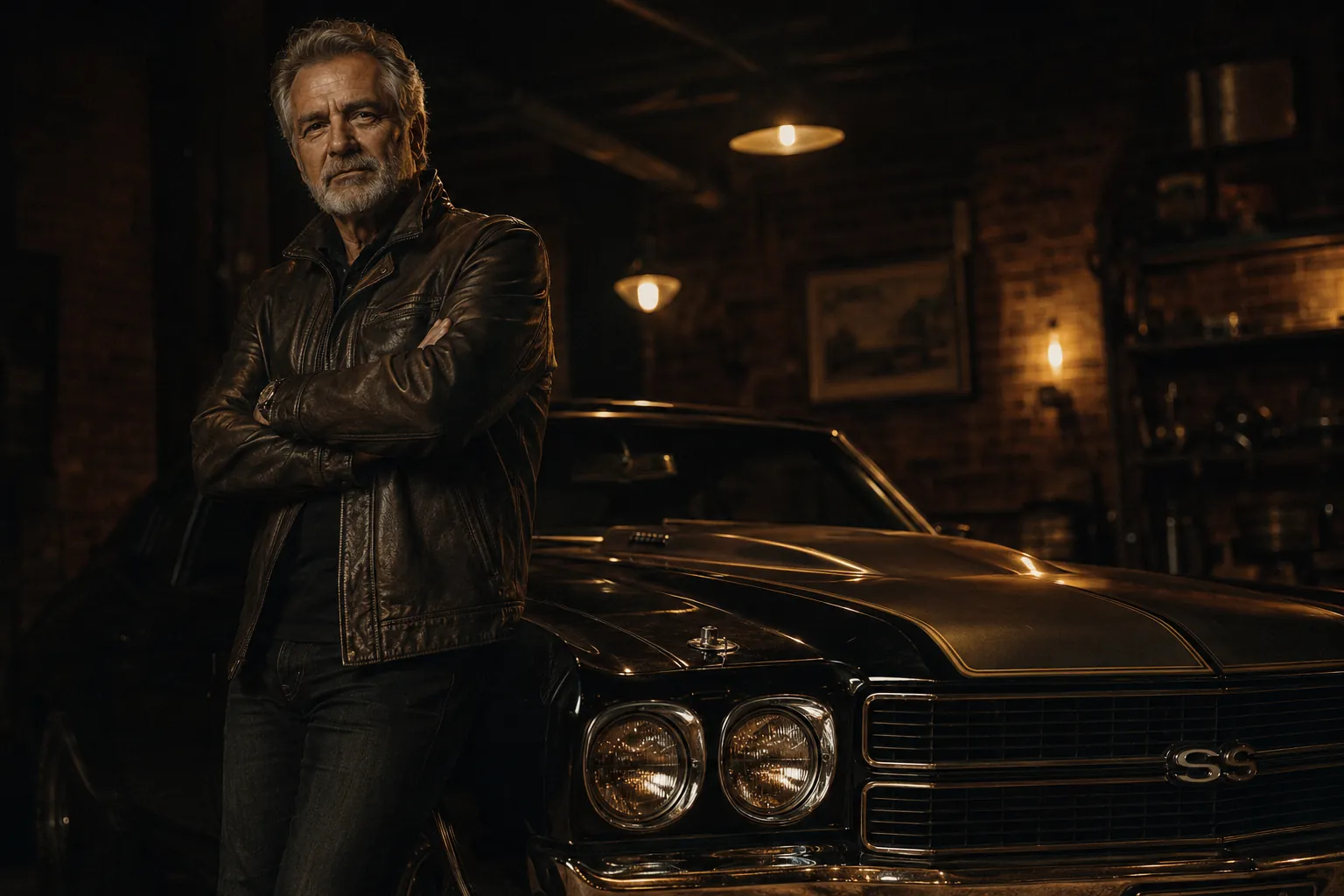 Colecionador maduro ao lado de seu muscle car SS clássico em garagem de tijolo, sob luz quente