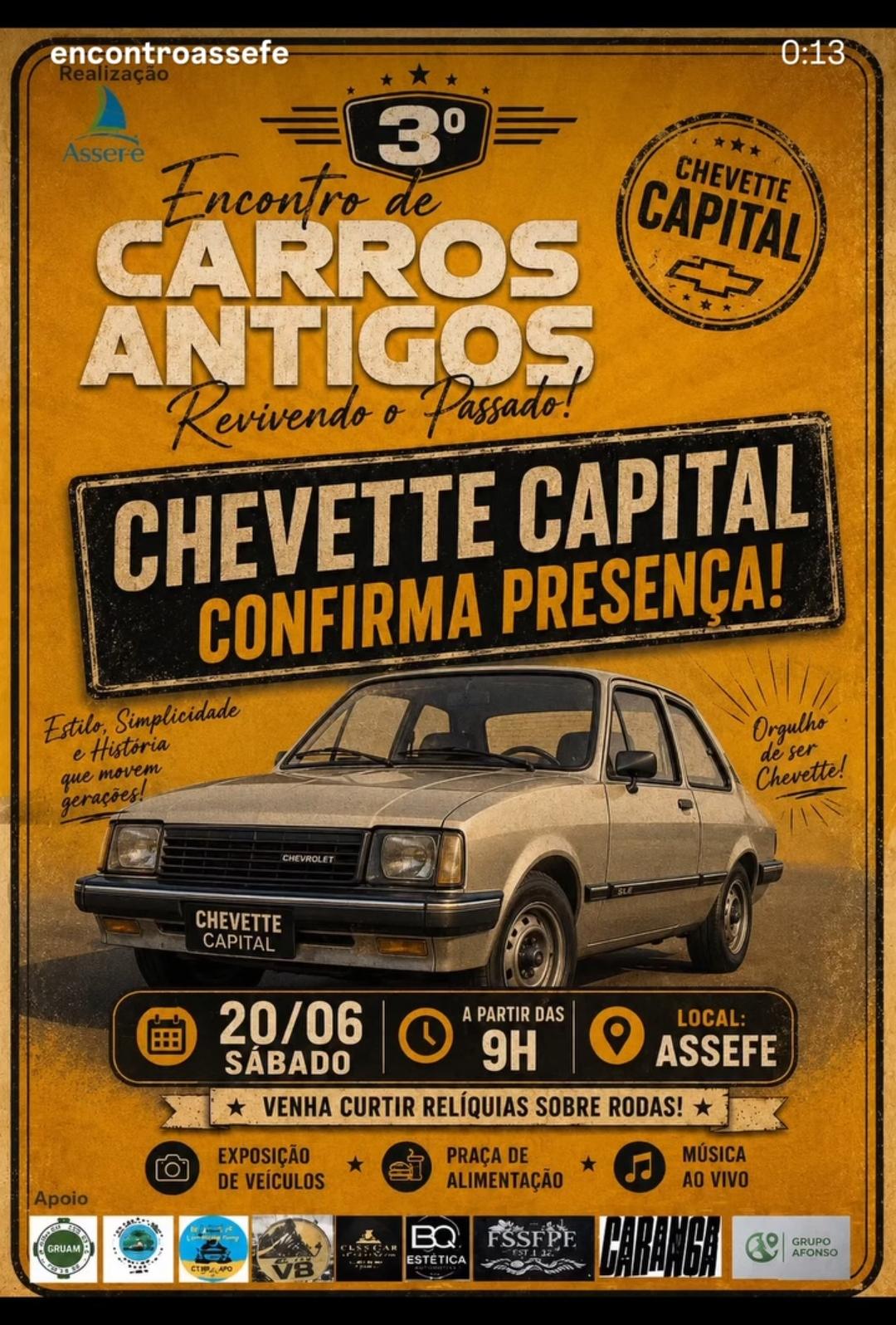 Cartaz do 3º Encontro de Carros Antigos — Chevette Capital confirma presença, com a CARANGA entre os apoiadores